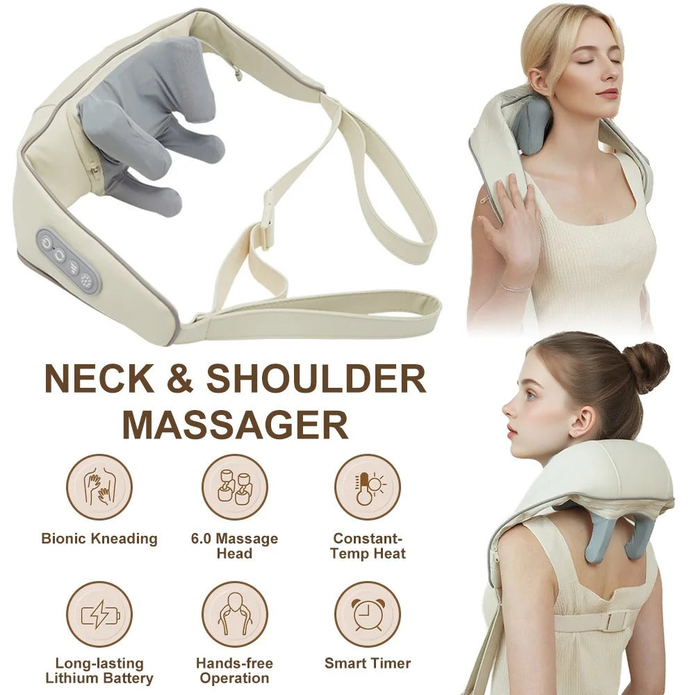 Wireless Neck Shoulder Massager with Heat 3D Kneading Shiatsu for Cervical Spine Hot Compress Vibration Portable for Home/Car