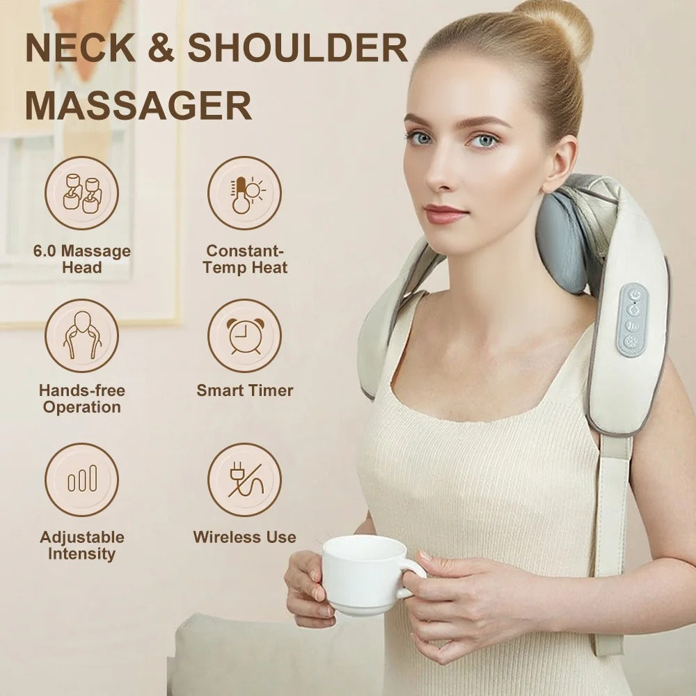 Wireless Neck Shoulder Massager with Heat 3D Kneading Shiatsu for Cervical Spine Hot Compress Vibration Portable for Home/Car