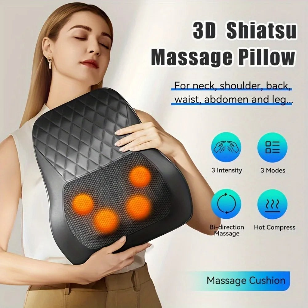 NEW 3D Kneading Deep Tissue Massage Pillow Back Traction with Heat for Muscle Pain Relief Home Office Cars Chairs
