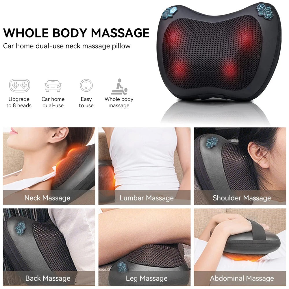 Electric Massage Pillow 4-Button Massager For Shoulder Neck Back Lumbar Hot Compress Kneading Full Body Relax Shiatsu Massage