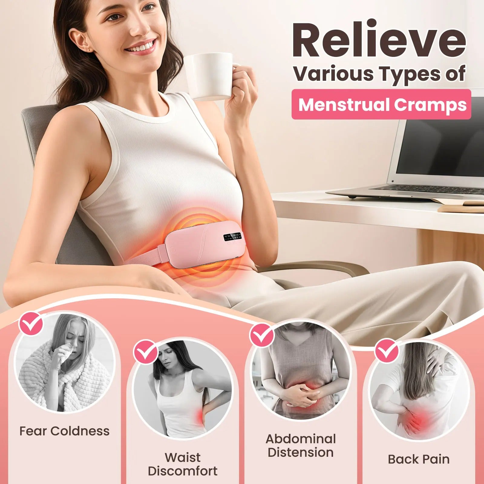 omen’s Period Pain Relief Belt Fast Heating 45-65°C 4 Adjustable Vibration Portable Menstrual Massager for Stomach/Back Pain