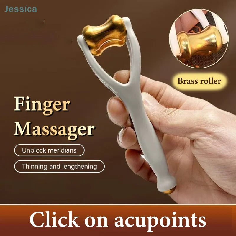 ☆Dual-Row Brass Roller Hand Joint Massage Roller Acupoint Meridian Multifunctional Finger Massager Promote Blood