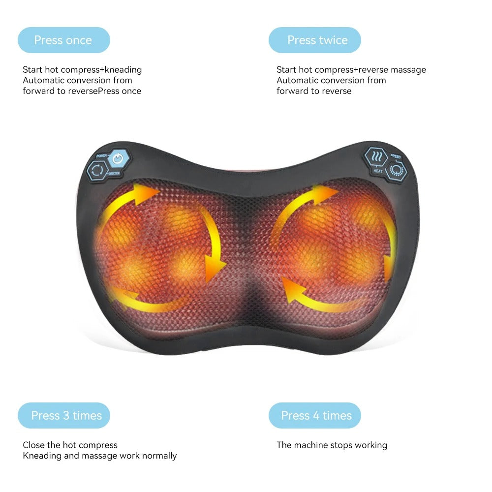 Electric Massage Pillow 4-Button Massager For Shoulder Neck Back Lumbar Hot Compress Kneading Full Body Relax Shiatsu Massage