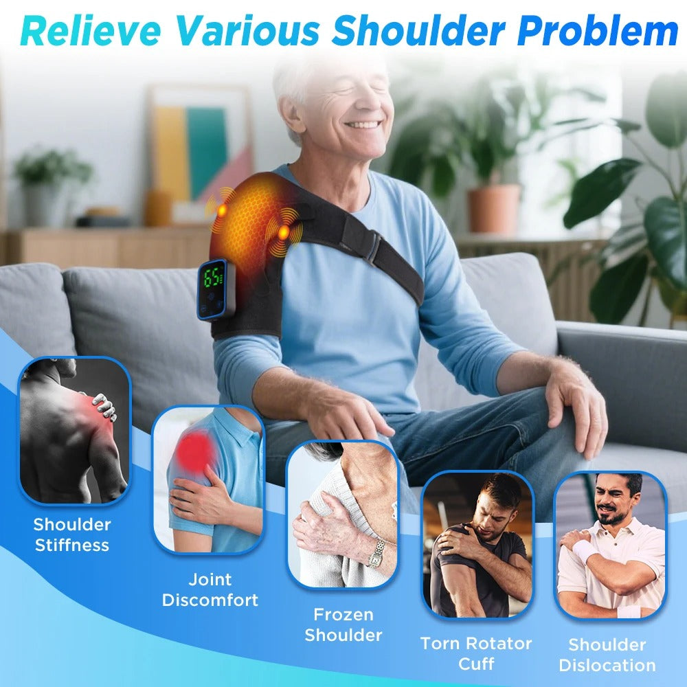 Electric Heating Shoulder Massager Brace Joint Vibration Arthritis Pain Relief LED Smart Controller Adjustable Support Belt