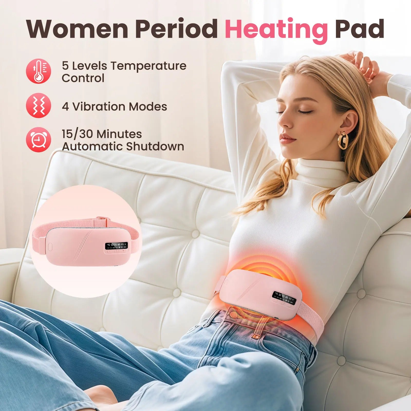 omen’s Period Pain Relief Belt Fast Heating 45-65°C 4 Adjustable Vibration Portable Menstrual Massager for Stomach/Back Pain